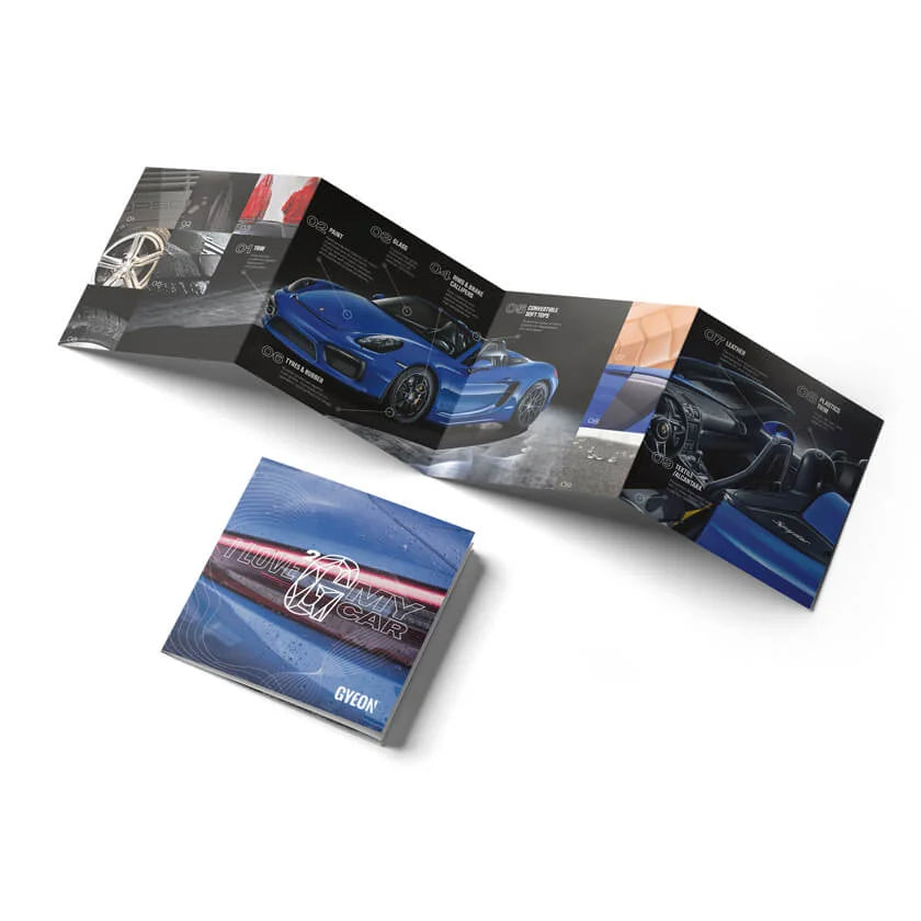 GYEON Service-Flyer, blaue Auto-Grafik, gefaltet